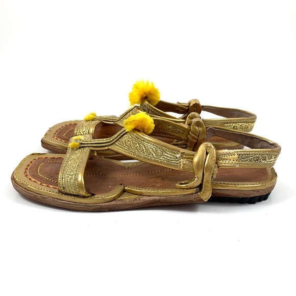 Hand made Indian gold leather pom pom sandals - Picture 3 of 9